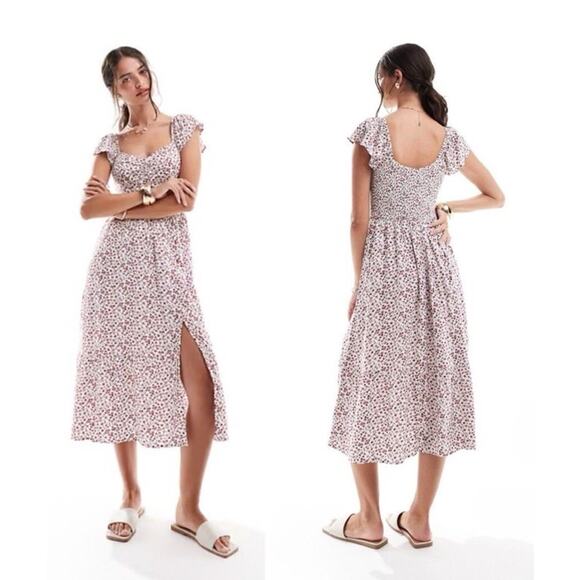 Hollister Floral Smocked Midi Dress White Size M Ruffle Cap Sleeves Front Slit - Picture 1 of 12